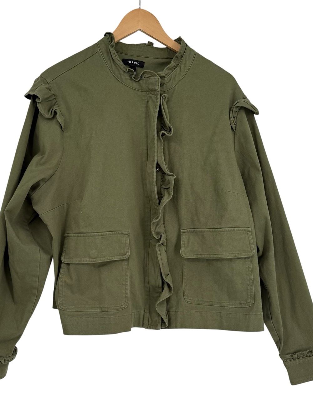 Torrid Olive green Twill Ruffle Utility Jacket Size 2X Military Moto Women - Picture 5 of 11